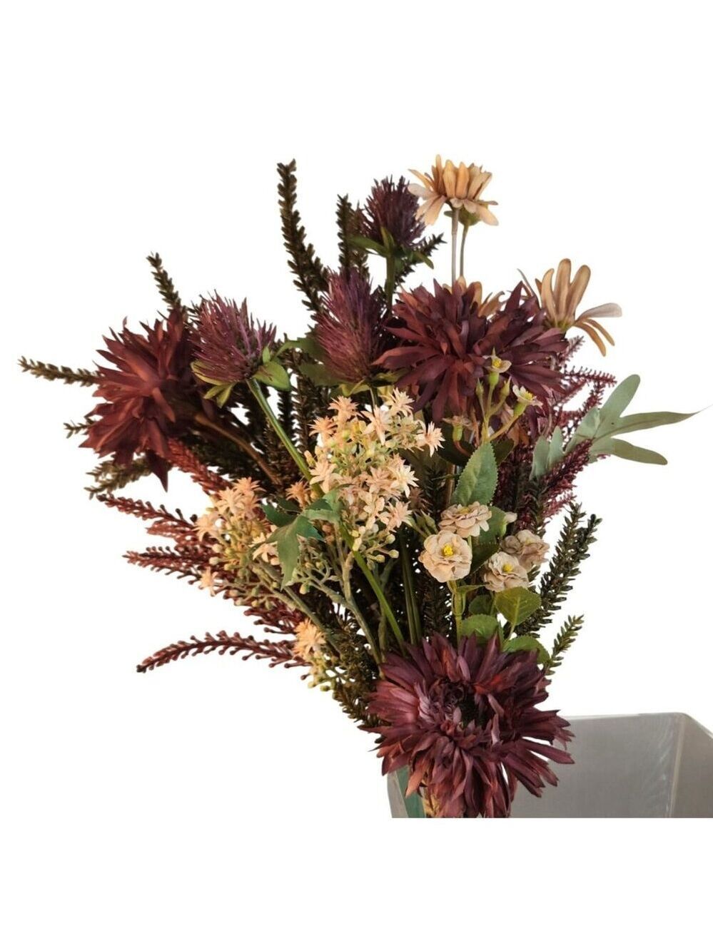 Hand Tied Artificial Flower Bouquet With Burgundy Purple Cream and Green Tones